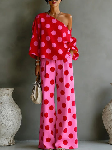 Retro Pink Polka Dot Off-shoulder Top And Wide-leg Pants Two-piece Set