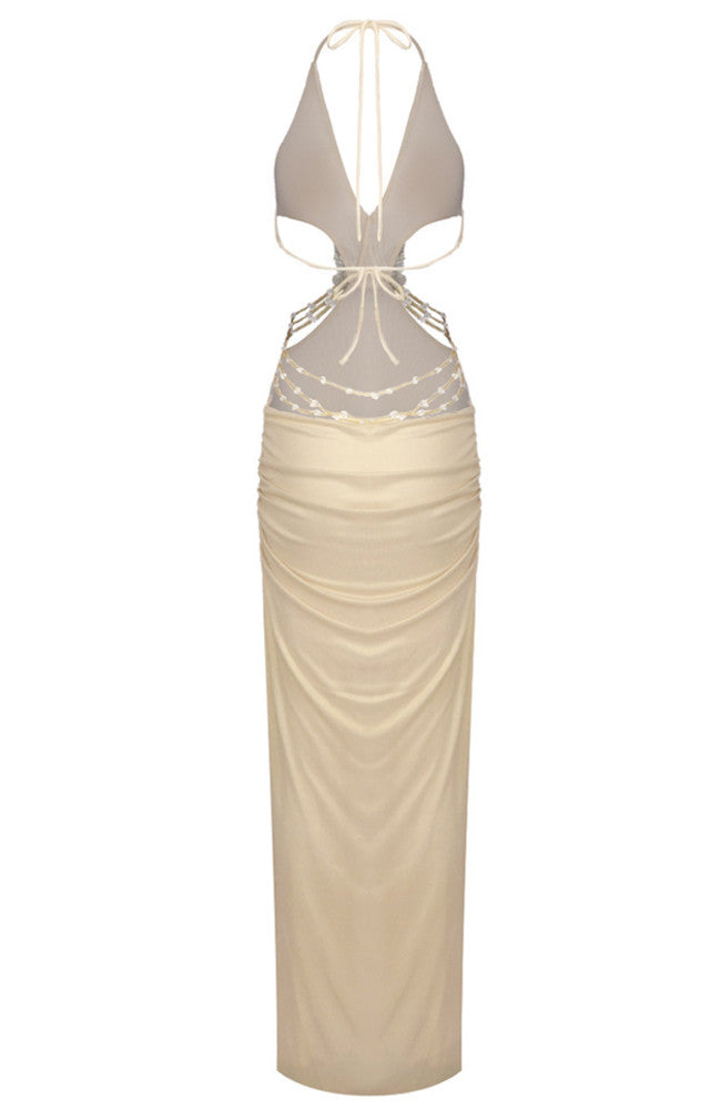 Halter Floral Backless Maxi Dress Gold