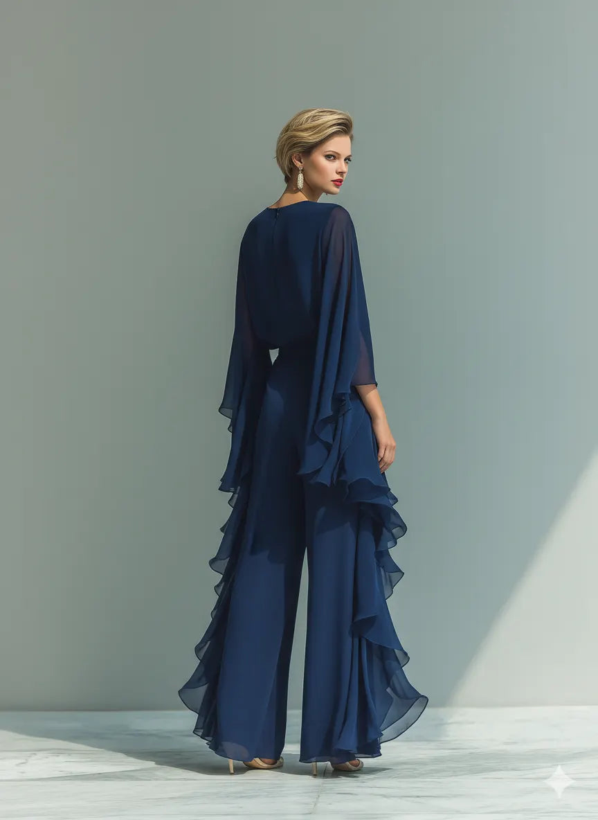 Women's Navy Blue Chiffon Top With Flared Sleeves And Straight-leg Trousers Set With Ruffled Details MDZ2218A5T