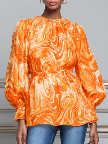 Orange Marble Print Chiffon Bishop Sleeve Blouse
