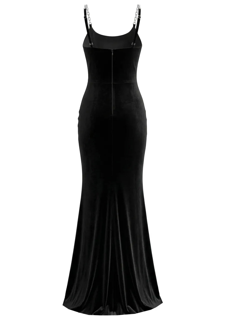 Crystal Straps Maxi Velvet Dress Black