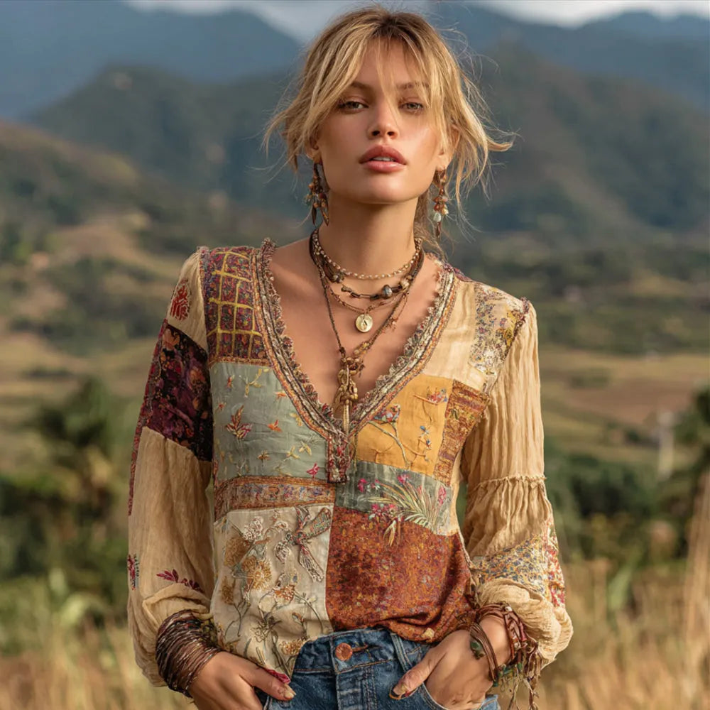 Vintage Bohemian Floral Embroidery Patchwork Long Sleeve Top
