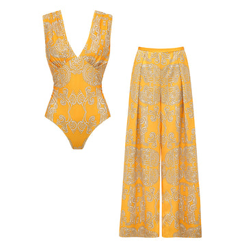 V Neck Yellow Tribal Style Print Swimsuit Set(s)