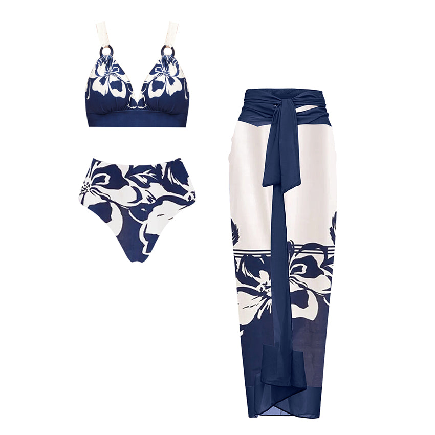 V Neck High Waist Bikini Blue Print Swimsuit Set(s)