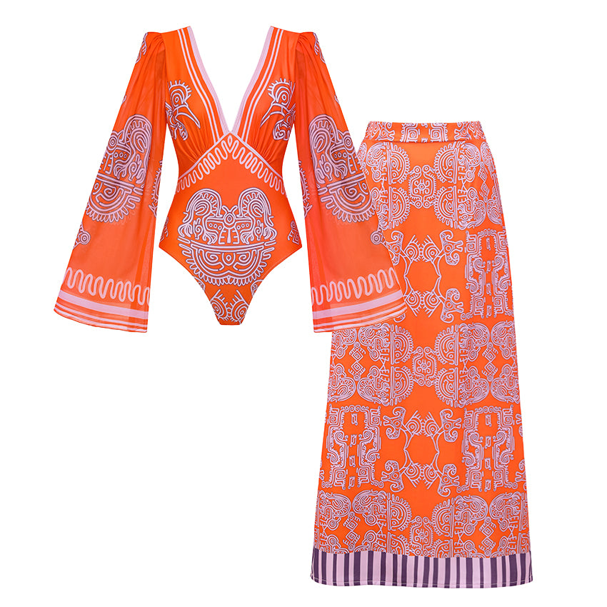 V Neck Long Sleeves Tribal Print Swimsuit Set(s)