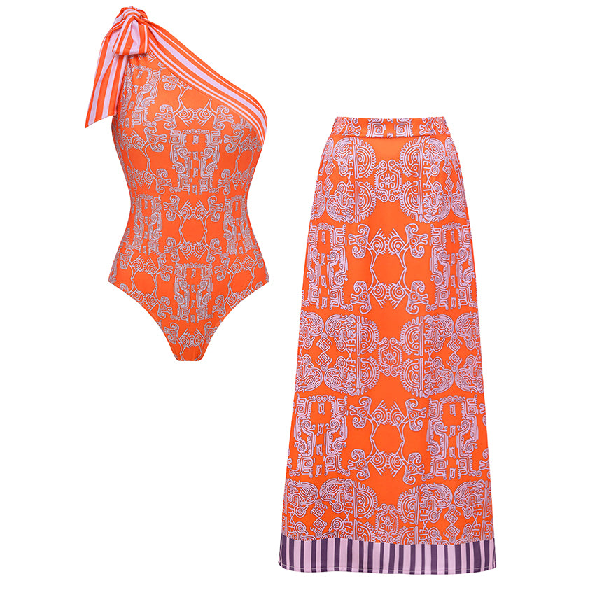 One Shoulder Bow Tie Striped Tribal Print Swimsuit Set(s)