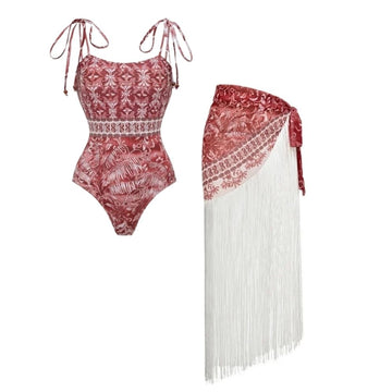Tie-up Retro Forest Print One Piece Swimsuit and Skirt