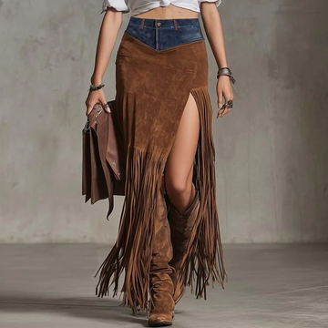 Women's Vintage Boho Chic Fringe Skirt Patchwork Denim Waistband