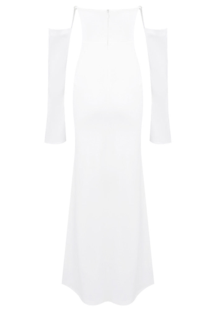 Long Sleeve Strapless Draped Maxi Dress White