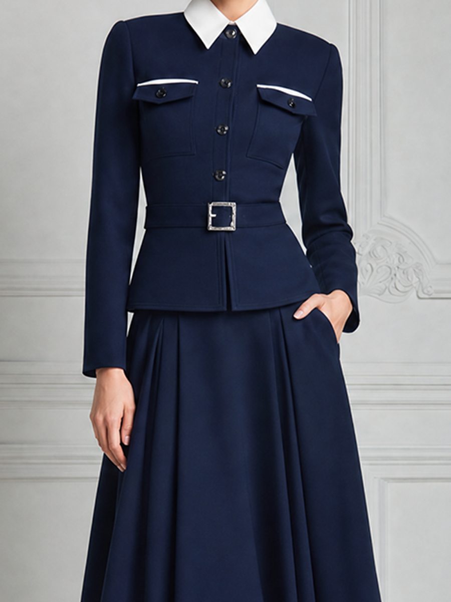 Navy Blue Color-Block Jacket And Pleated A-Line Skirt Set