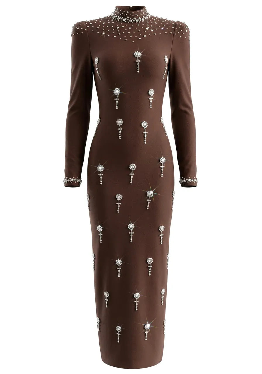 Long Sleeve Crystal Embellished Maxi Dress Brown