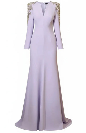 Long Sleeve Embellished Shoulders Maxi Dress Lavender