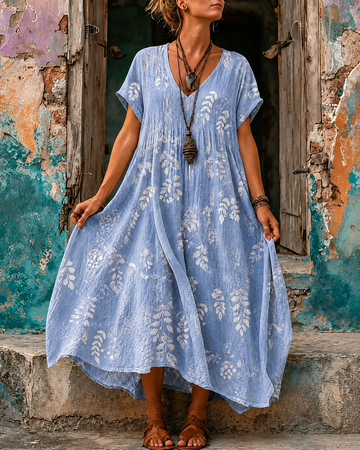 Women's Vacation Linen Boho Floral Print V-Neck Short Sleeve Maxi Dress