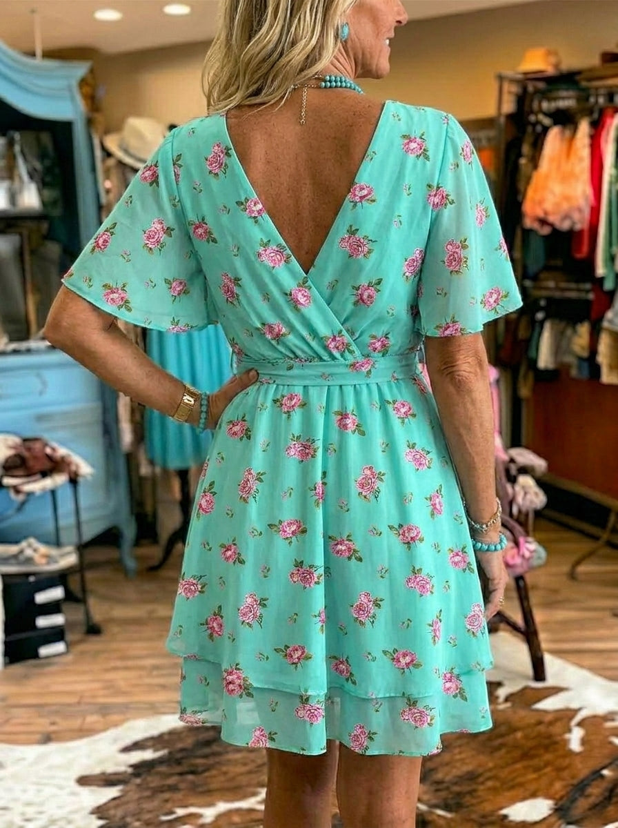 Women's V-neck Cross Tie Ruffle Chiffon Dress