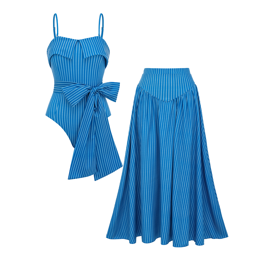 Bandeau Bowknot Decor Striped Print Swimsuit Set(s)