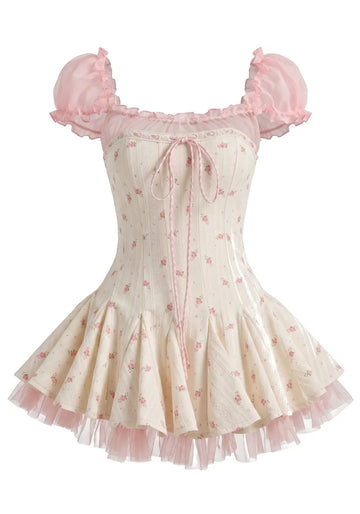Short Sleeve Floral A Line Corset Dress Pink