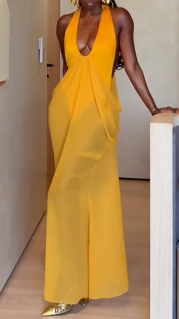 Bright Yellow Halter Deep V Backless Draped Chiffon Maxi Dress