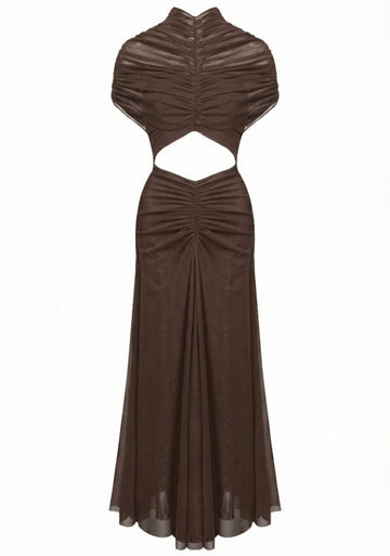 Draped Mesh Cut Out A Line Maxi Dress Brown