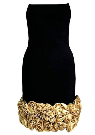 Strapless Floral Detail Dress Black Gold
