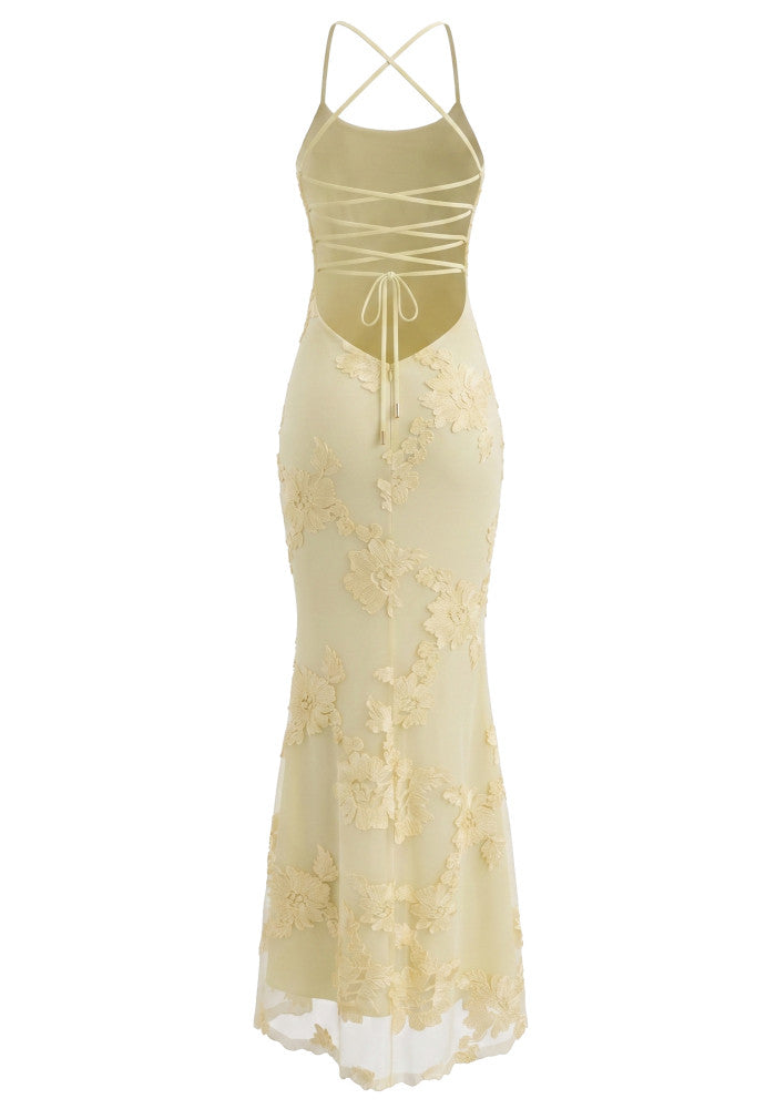 Halter Floral Strappy Backless Maxi Dress Yellow