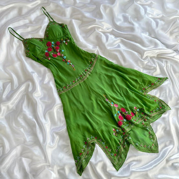 Grass Green Exquisite Floral Embroidery Spring Fairy Retro Fashion Spaetti Strap Midi satin Ball Gown Evening Dress Birthday Party Dress Prom Dress
