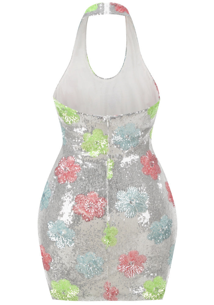 Halter Floral Sequin Dress Silver