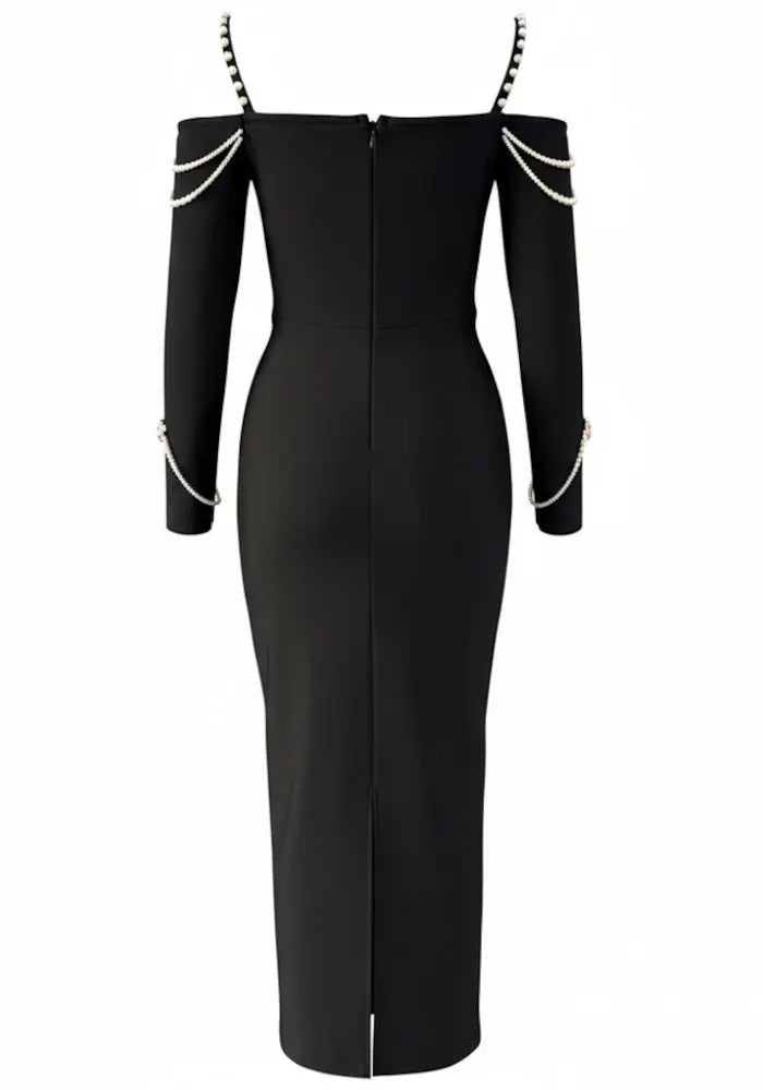Long Sleeve Bardot Pearl Crystal Maxi Dress Black