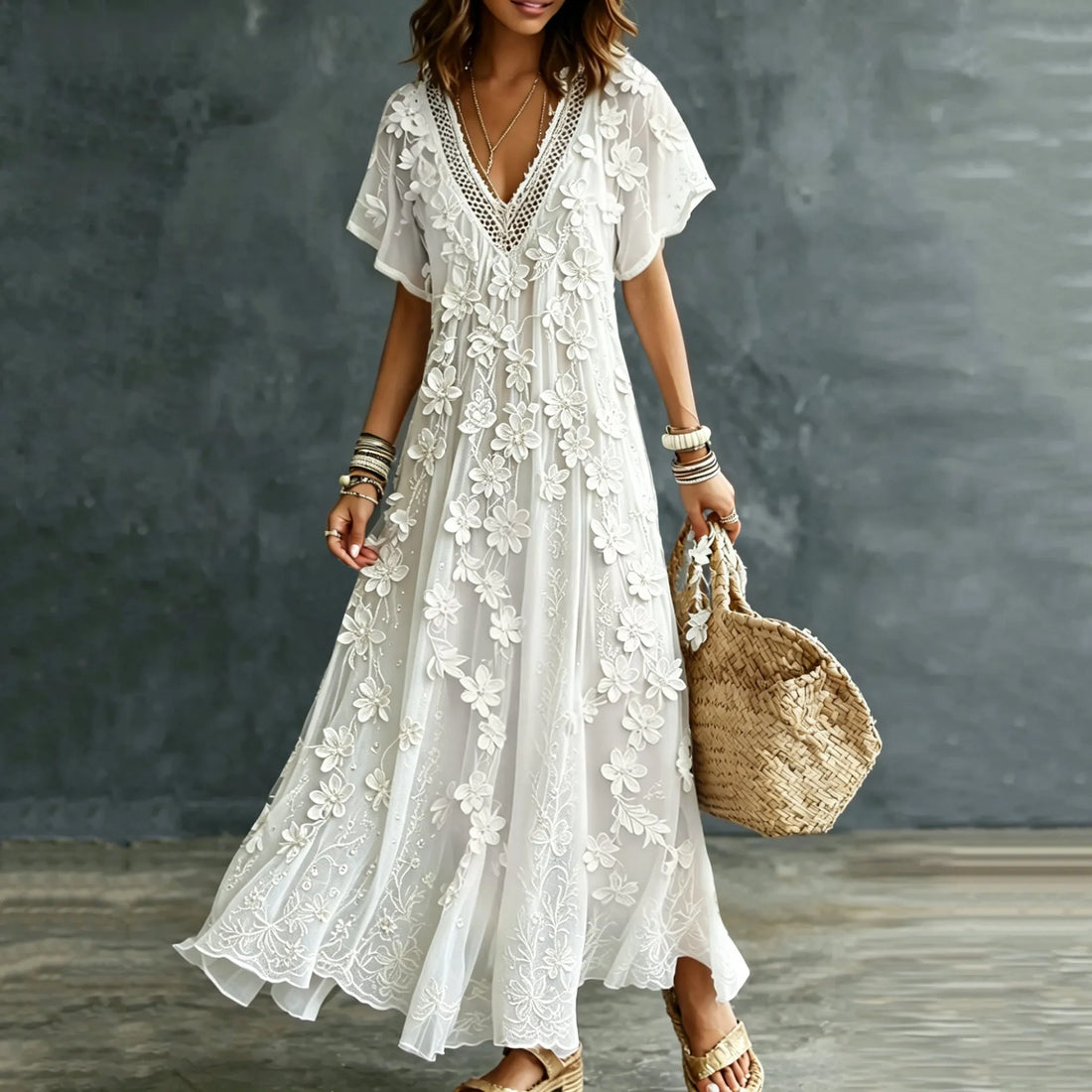 Women's Vintage Romantic White Floral Art Linen Blend V Neck Maxi Dress