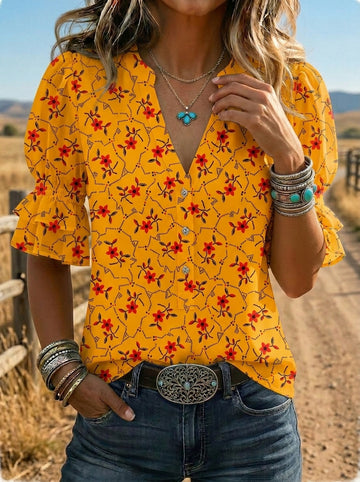 Women's Retro Floral Art Puff Sleeve Casual Shirt