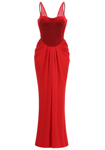 Velvet Bustier Draped Maxi Dress Red
