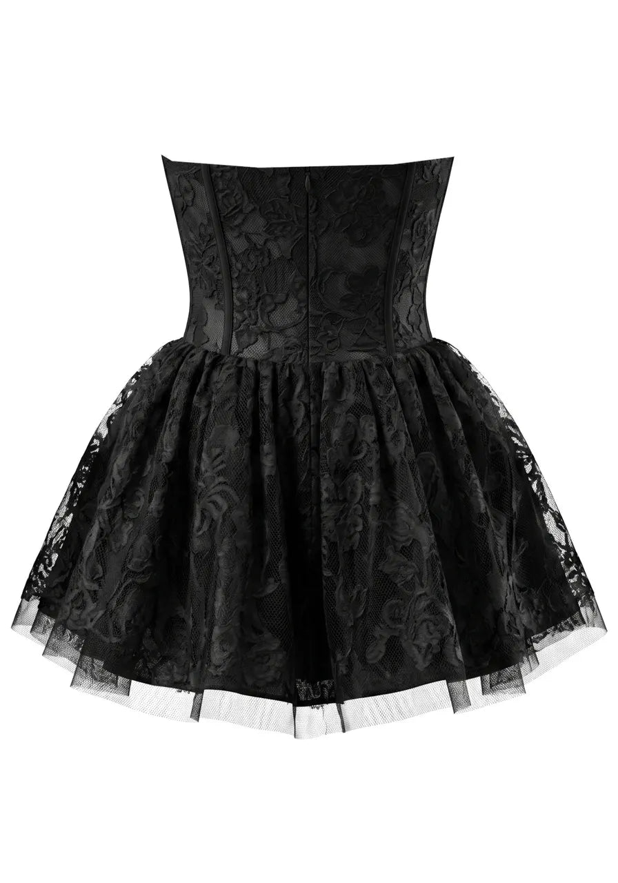 Strapless Scalloped Lace A Line Dress Black