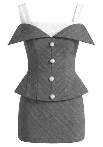 Striped Corset Two Piece Dress Grey White