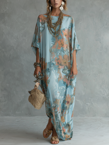 Bohemian Style Sky Blue Floral Print Loose Long Dress