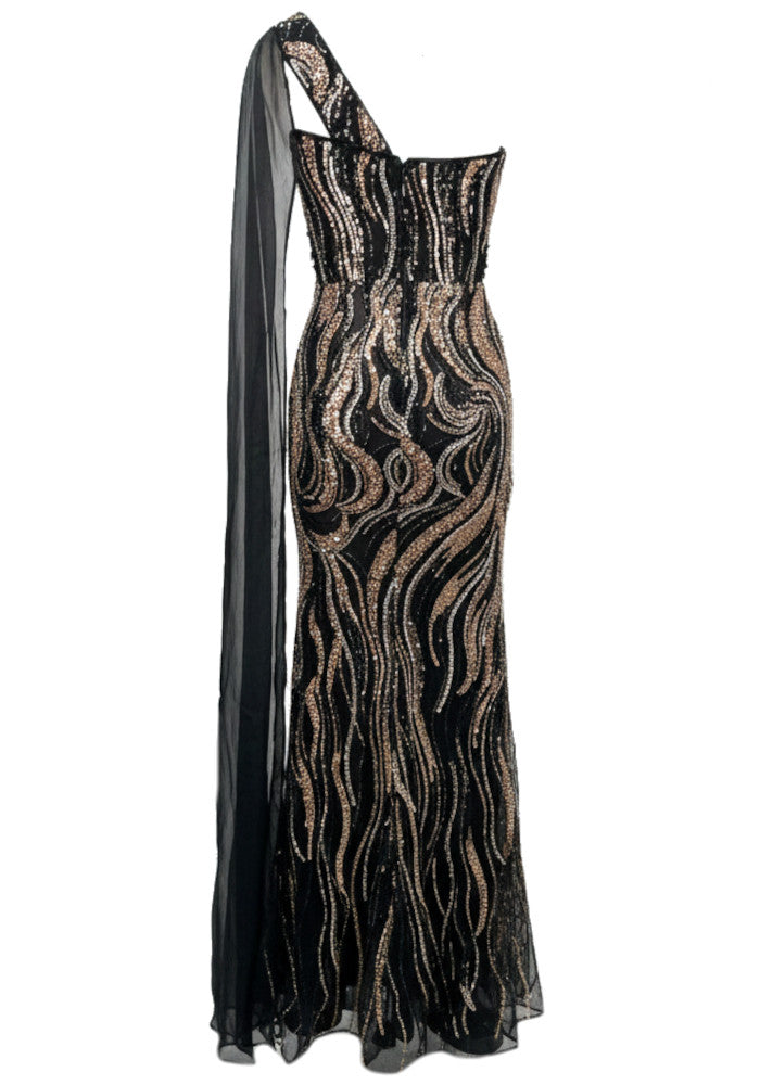 One Shoulder Sequin Maxi Dress Black Gold
