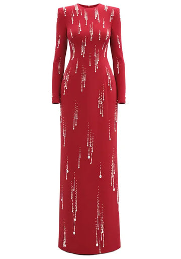 Long Sleeve Crystal Maxi Dress Red