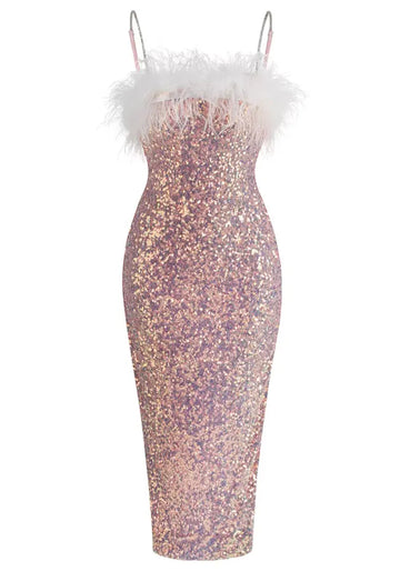 Feather Detail Sequin Midi Dress Pink