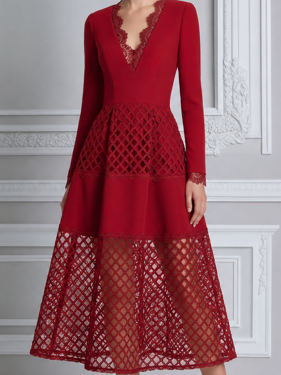 Red Dress Lace Fall Wedding Guest Dress V Neck A-Line Midi Dress