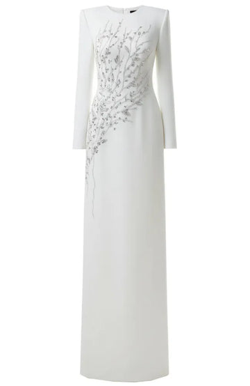Long Sleeve Crystal Floral Maxi Dress White