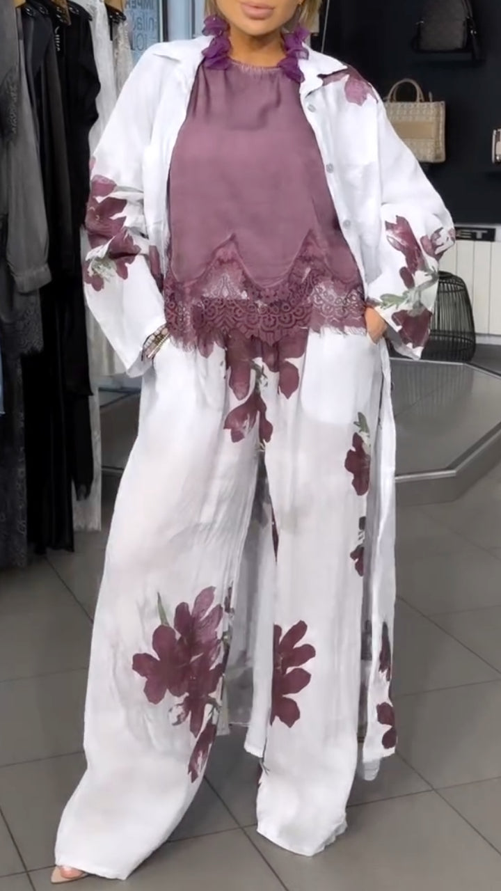 Purple Floral Print Linen 3 Piece Outfit Set