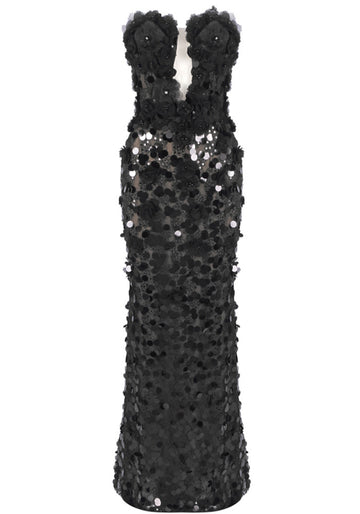 Strapless Sequin Floral Maxi Dress Black