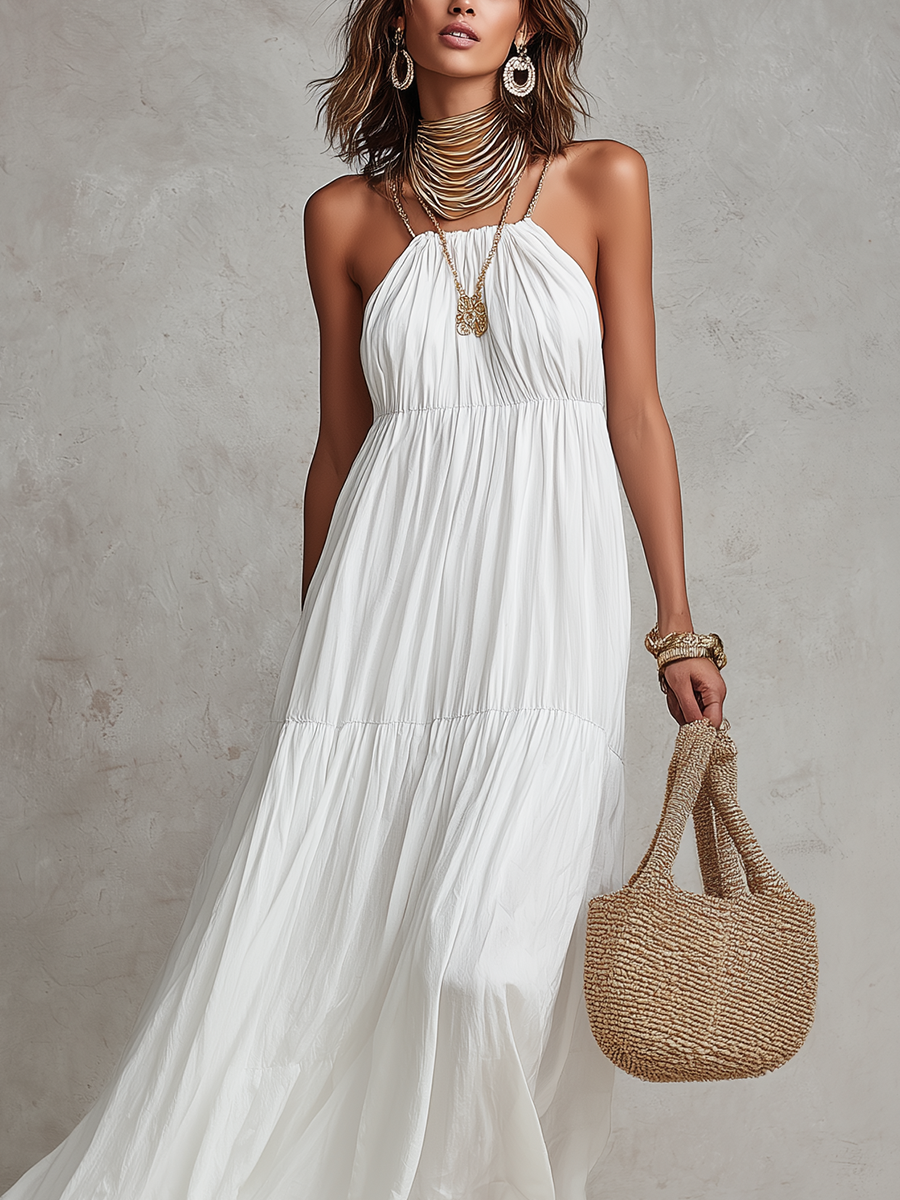 French Resort Style Halter Neck White Maxi Dress