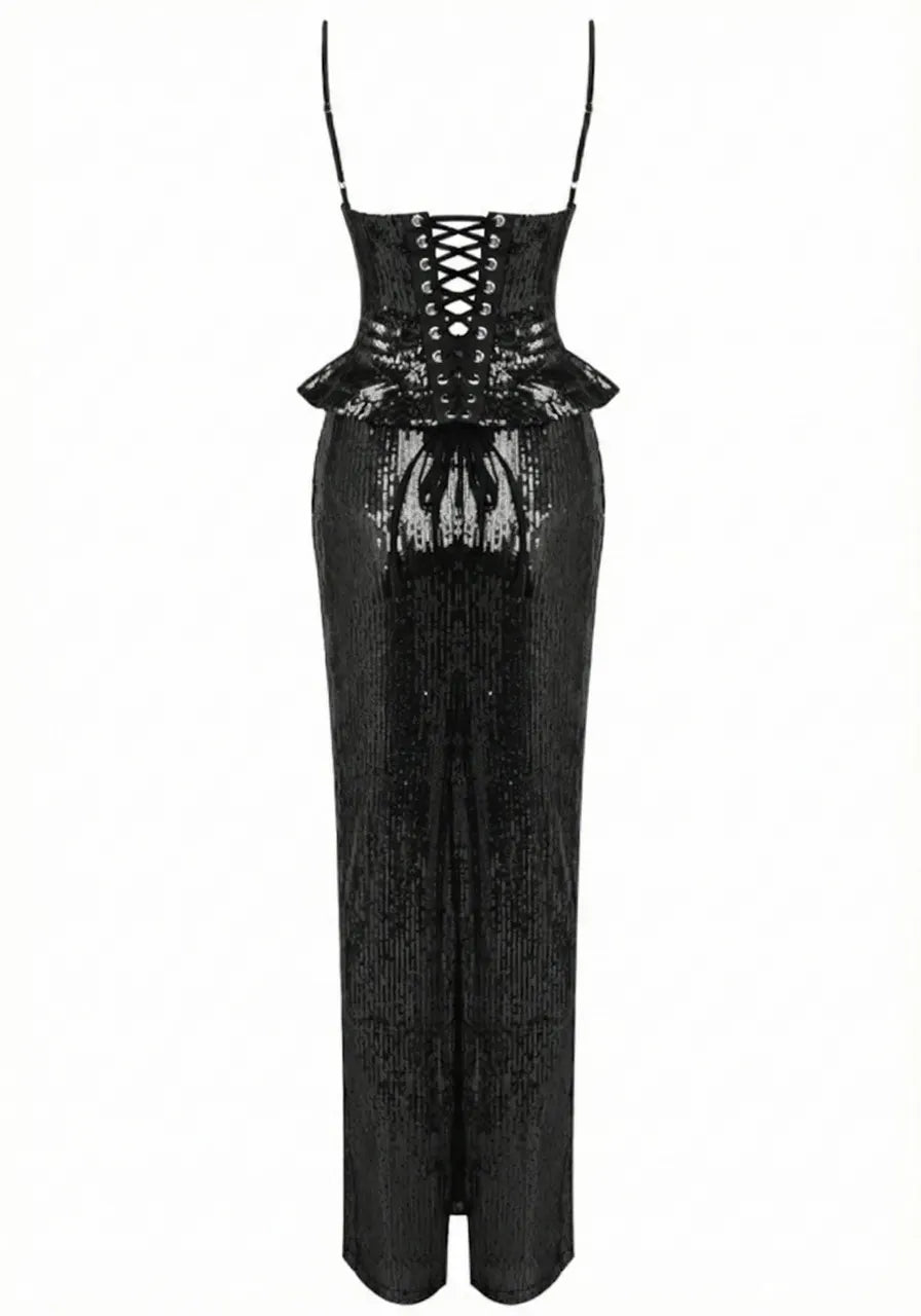 Sequin Peplum Corset Maxi Dress Black