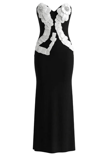 Strapless Crystal Sequin Floral Maxi Dress Black White