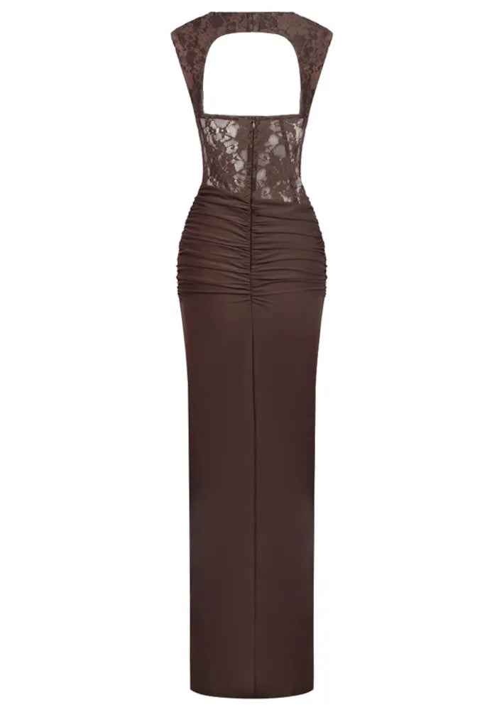 Lace Bustier Draped Maxi Dress Brown