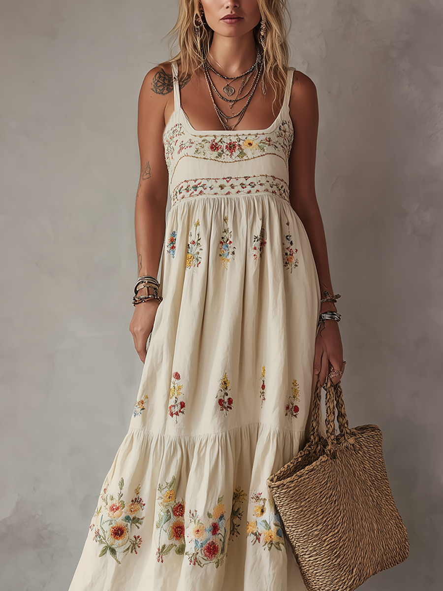 Ivory White Floral Embroidered Bohemian Maxi Dress With Thin Straps