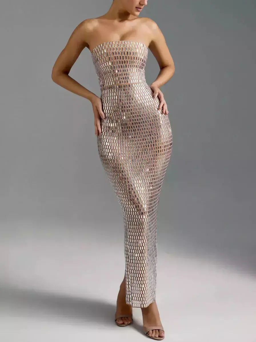 Crystal-Embellished Long Strapless Tube Dress