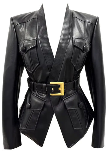 Long Sleeve Belt Faux Leather Jacket Black