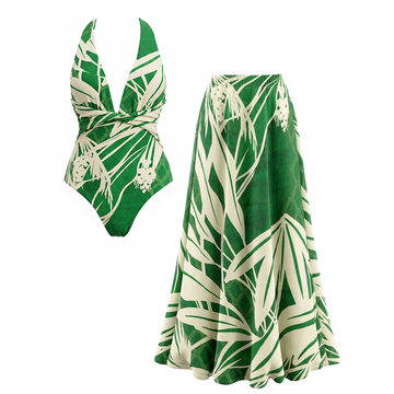 V Neck Green Plant Print Swimsuit Set(s)