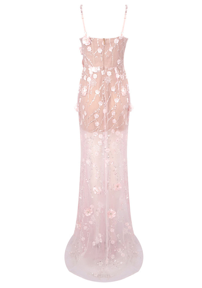 Floral Crystal Corset Maxi Dress Pink