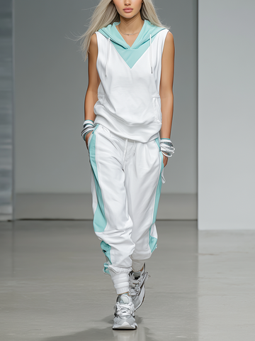 Women's Athleisure White And Teal Hooded Tracksuit MDZ2491D6ZJW